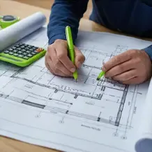 KI-generiertes Bild: Bauplan mit Rechner