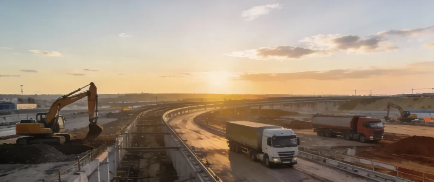 KI-generiertes Bild: Straßenbau bei Sonnenuntergang